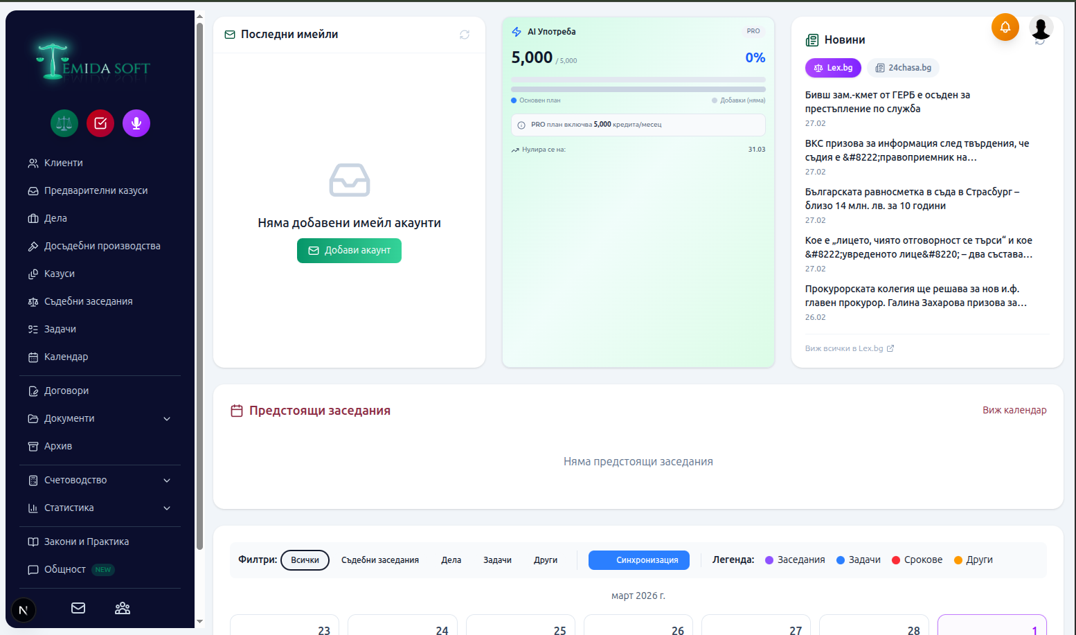 Pro план дашборд - имейли, AI, новини